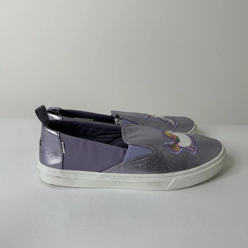 TOMS Shoes Girls 6 Orchid Foil Unicorn Canvas Luca Slip-Ons Lilac Purple Sparkle